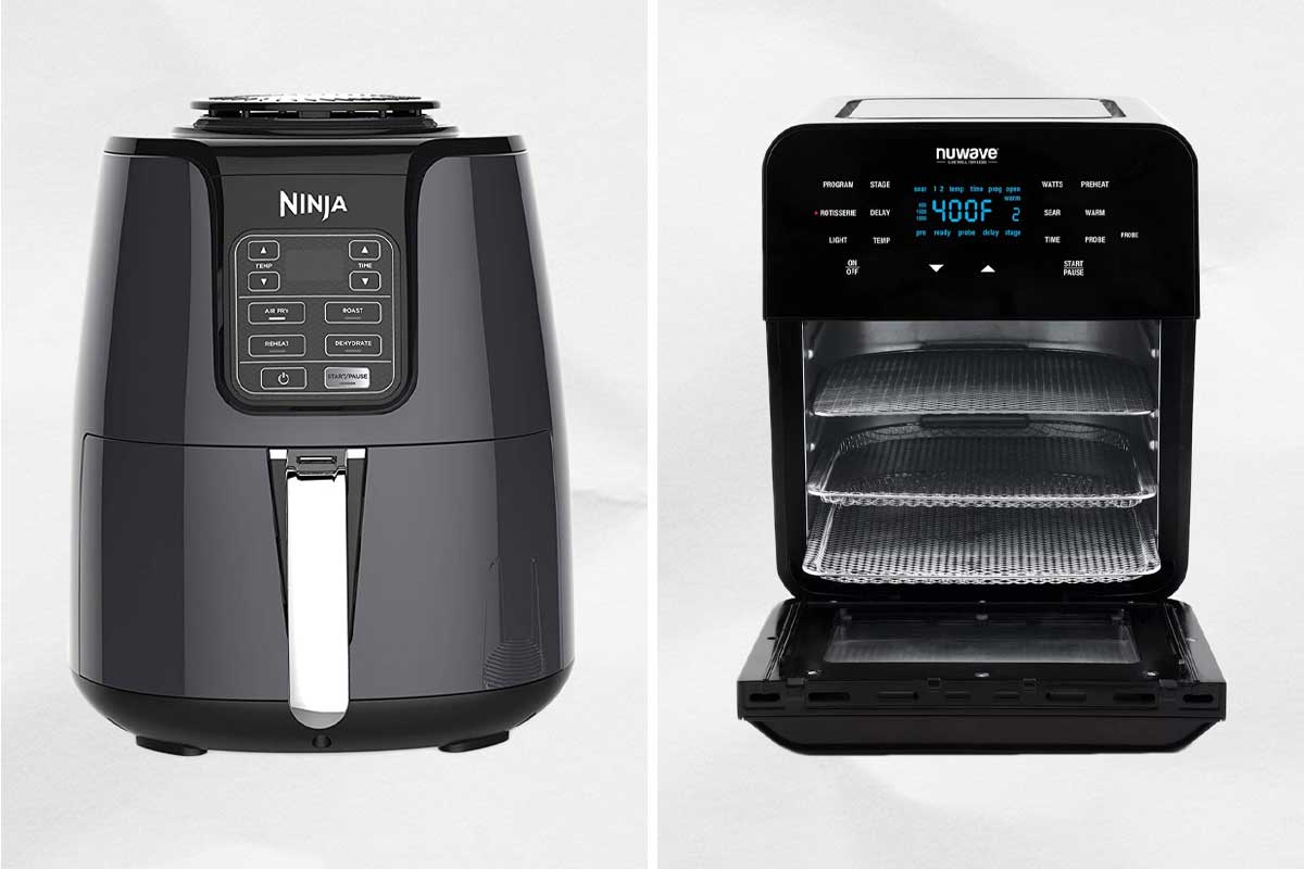 Side by side images of two air fryers -- Ninja and nuwave.