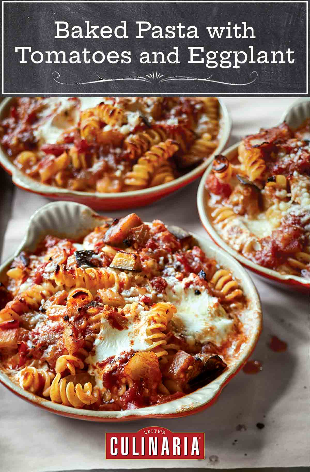 Three round casserole dishes filled with baked pasta with tomatoes and eggplant.