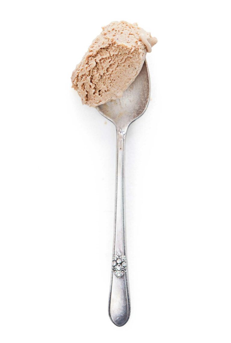 A spoonful of black coffee ice cream on the tip of a silver spoon.