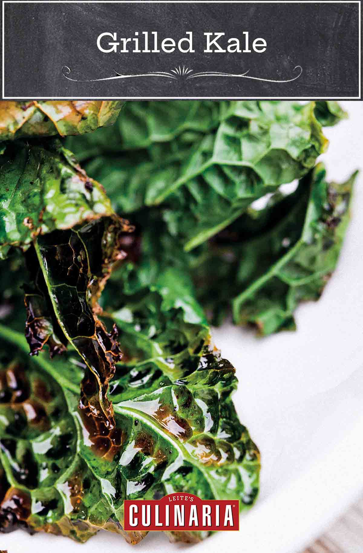 A few pieces of grilled kale stacked on a white plate.