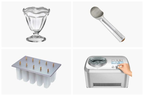 Images of a parfait cup, ice cream scoop, popsicle mold, and Breville ice cream maker -- four of the best ice cream makers and other homemade ice cream musts.