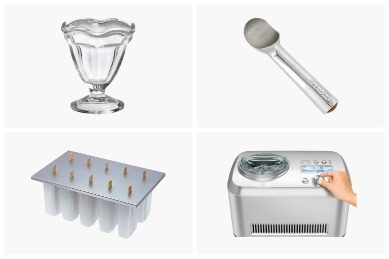 Images of a parfait cup, ice cream scoop, popsicle mold, and Breville ice cream maker -- four of the best ice cream makers and other homemade ice cream musts.
