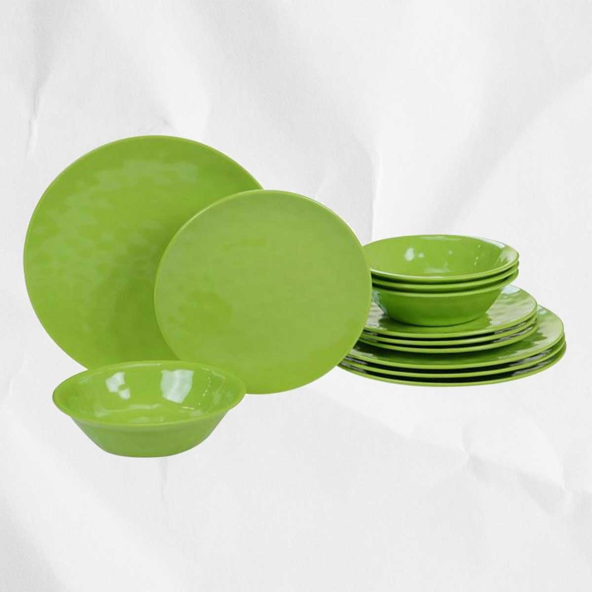 A set of green melamine dinnerware.