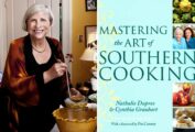 A split image of Nathalie Dupree on the left and the cover of Mastering the Art of Southern Cooking on the right.