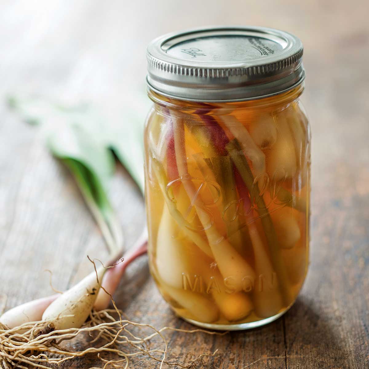 A canning jar filled with quick pickled ramps and some fresh ramps lying beside the jar.