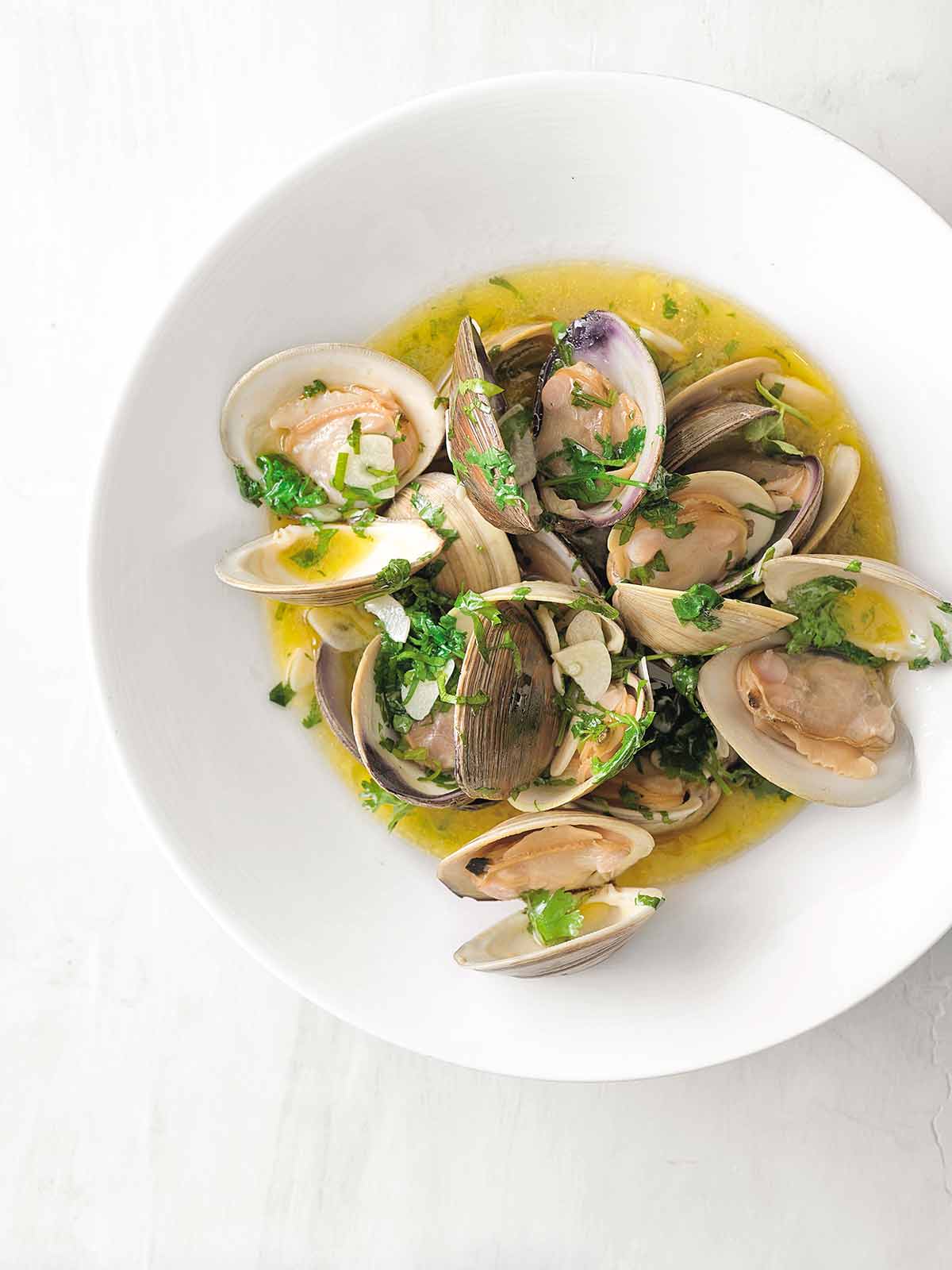 A white bowl of Portuguese clams with vinho verde in a olive oil and garlic sauce, garnished with cilantro.