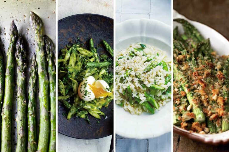 Images of 4 of the 23 asparagus recipes to make right now -- roasted asparagus, asparagus and herb salad, asparagus risotto, and asparagus and asiago gratin..