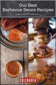 Images of 2 of the 9 barbecue sauce recipes -- Texas-style bbq sauce, and North Carolina vinegar barbecue sauce.