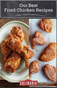 Images of 2 of the 22 fried chicken recipes -- Southern fried chicken wings and gluten free fried chicken.