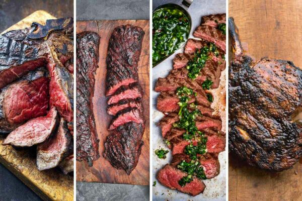 Images of 4 of the 16 grilled steak recipes -- grilled porterhouse steak, Korean style steak, steak chimichurri, and cowboy steak with coffee rub.