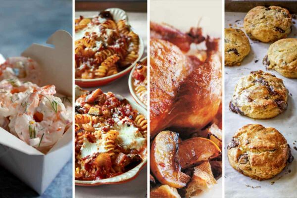 Images of 4 of our favorite Ina Garten recipes -- shrimp salad, baked pasta, lemon chicken, and chocolate pecan scones.
