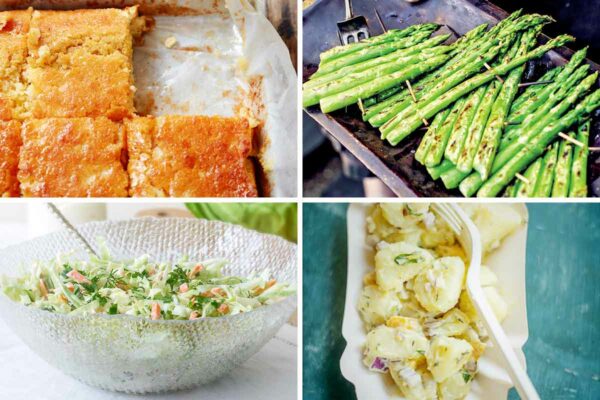 Images of 4 of the 9 Memorial Day side dish recipes -- cornbread, grilled asparagus, lime colesla, and potato salad.