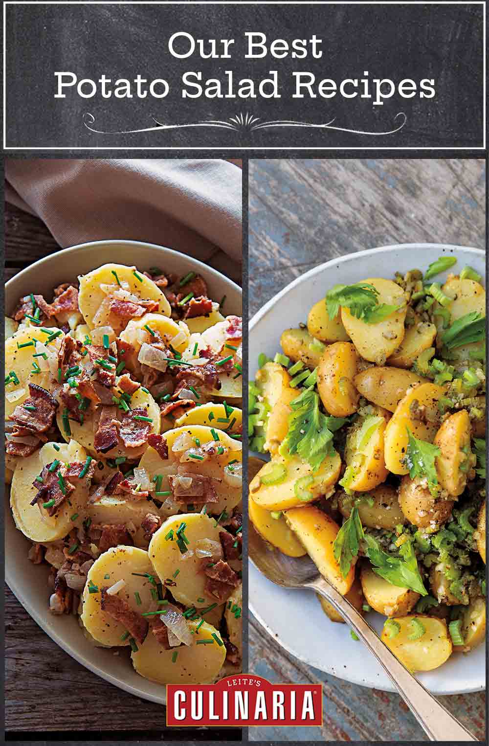 Images of 2 potato salad recipes -- German potato salad and mustardy potatoes with celery.