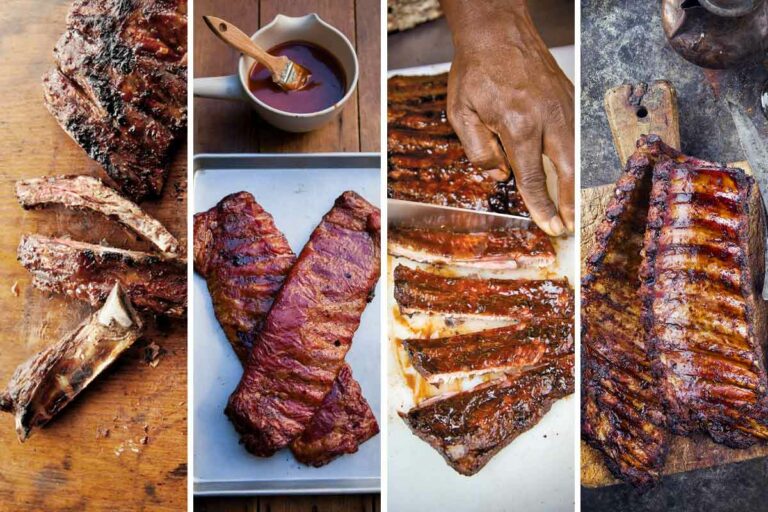 Images of 4 of the ribs recipes -- barbecue beef ribs, ribs with spicy bourbon barbecue sauce, St. Louis ribs, and smoked pork ribs.