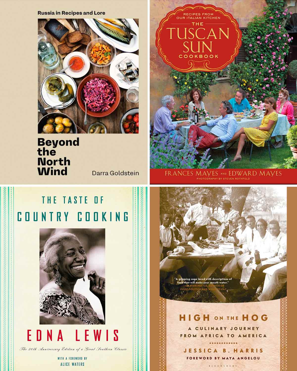A grid of four book covers -- Beyond the North Wind, The Tuscan Sun, The Taste of Country Cooking, and HIgh on the Hog.