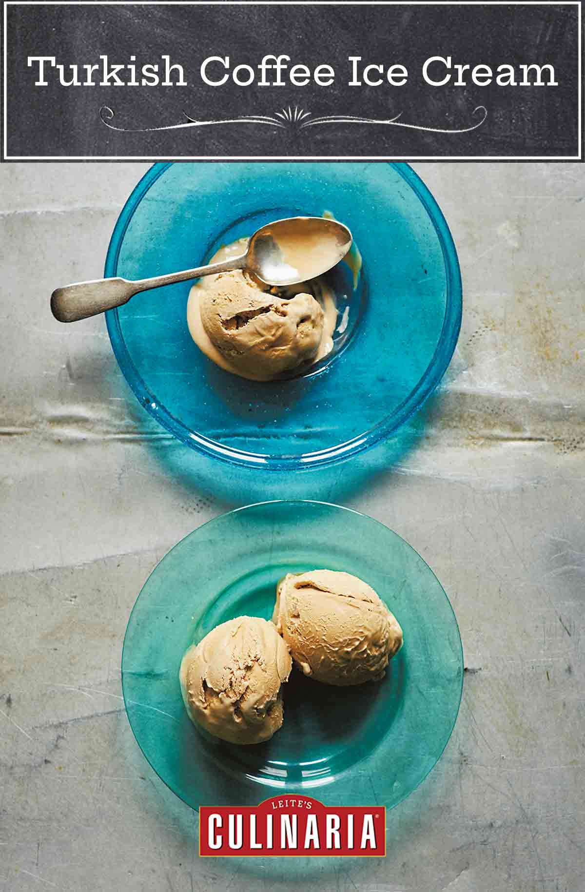 Two blue glass plates with scoops of Turkish coffee ice cream, and a spoon