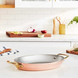 copper oval pan on counter,