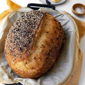A loaf of Everything Bagel Bread in a Challenger Bread Pan