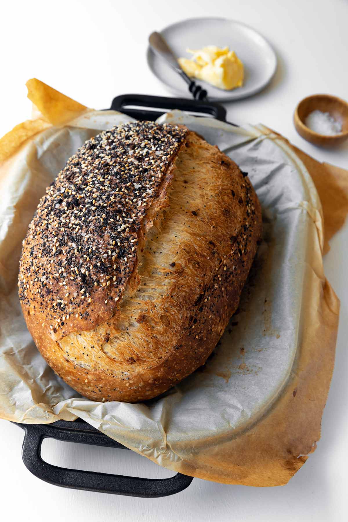 A loaf of Everything Bagel Bread in a Challenger Bread Pan