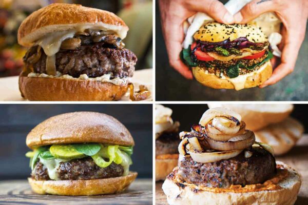 Images of 4 of the 21 amazing burger recipes -- best burger, veggie burger, vension burger, and lamb burger.