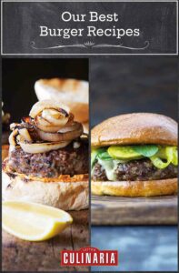 Images of 2 of the 21 amazing burger recipes -- lamb burger and venison burger.