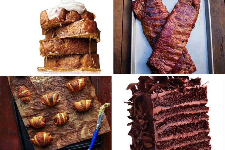 Images of 4 Father's day recipes -- banana bread French toast, spicy ribs, pigs in pretzel blankets, and red eye Devil's food chocolate cake.