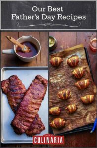 Images of 2 Father's day recipes -- spicy ribs and pigs in pretzel blankets.