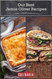 Images of 2 of the best Jamie Oliver recipes -- chicken pot pie and steak sandwiches.