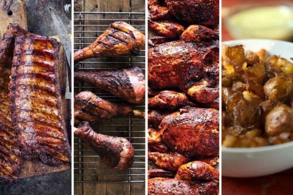 Images of 4 of the best smoker recipes -- smoked pork ribs, smoked turkey drumsticks, smoked chicken, and smoked potatoes.