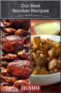 Images of 2 of the best smoker recipes -- smoked chicken and smoked potatoes.