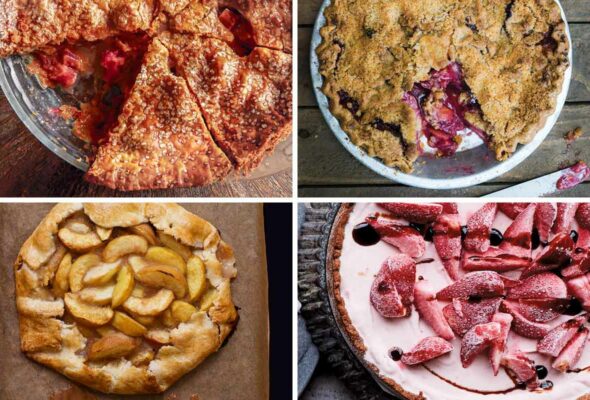 Images of 4 summer fruit pies -- rhubarb pie, plum crumble pie, white peach crostata, and strawberry ice cream pie.