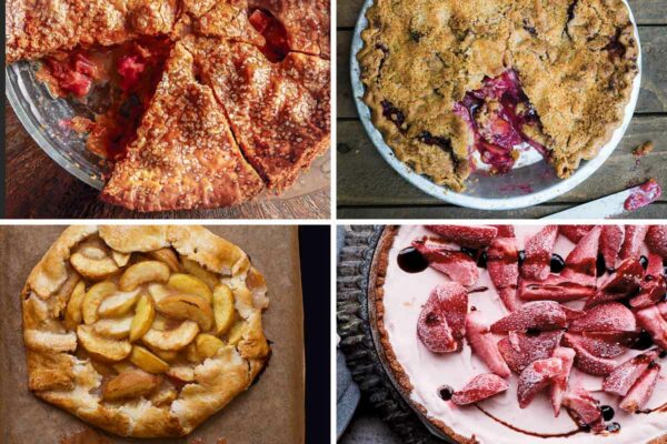 Images of 4 summer fruit pies -- rhubarb pie, plum crumble pie, white peach crostata, and strawberry ice cream pie.