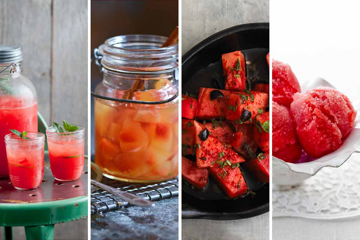 Images of 4 watermelon recipes -- watermelon limeade, pickled watermelon rind, watermelon with aleppo pepper, and watermelon sorbet.