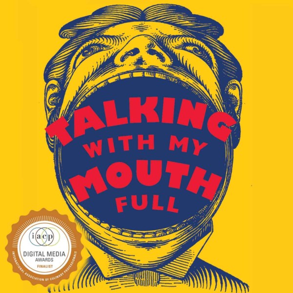 An illustration of a man with a big mouth with the words "Talking With My Mouth Full."