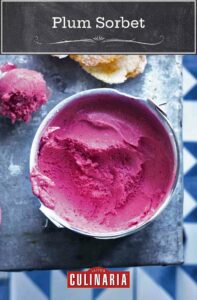 A frozen tub of plum sorbet, with a scoop of sorbet and some sugar cookies lying beside it.
