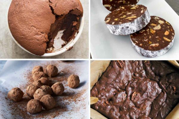 A grid of chocolate desserts—souffle, chocolate salami, truffles, and brownies—on a white background.