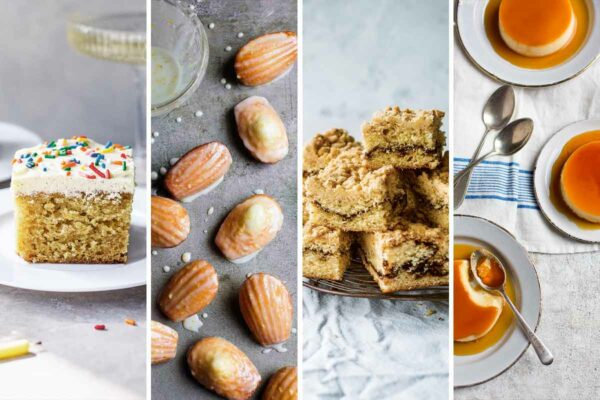 A grid with Edd Kimber bakes, including creme caramel and streusel bars.