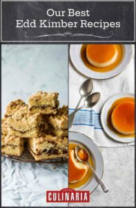 A grid with Edd Kimber bakes, including creme caramel and streusel bars.