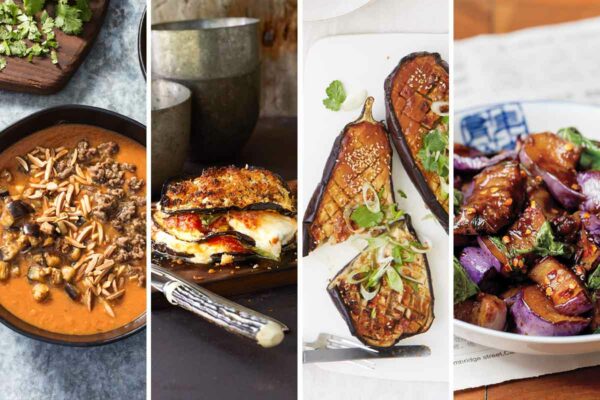 A grid featuring 4 different eggplant dishes.