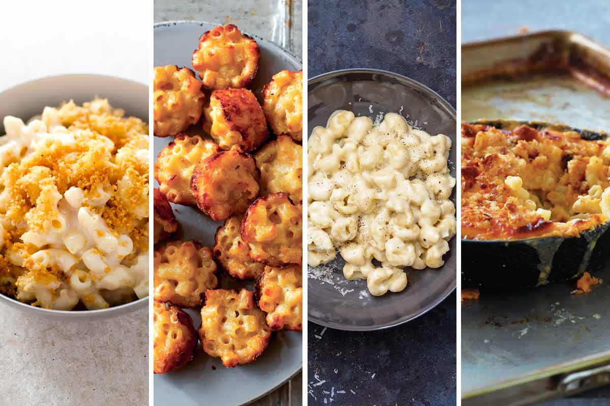 Images of 4 mac and cheese recipes -- baked mac and cheese with bread crumbs, mac and cheese canapes, skillet mac and cheese, and baked macaroni and cheese.
