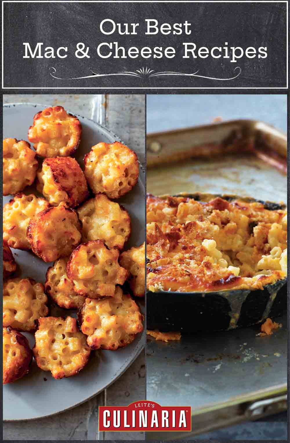 Images of 2 mac and cheese recipes -- mac and cheese canapes, baked macaroni and cheese.