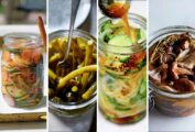 A 4 part grid with jars of pickled vegetables.
