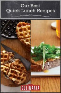 Images of 2 quick and easy lunch recipes -- waffle iron grilled cheese and peanut butter, honey, and arugula sandwich.