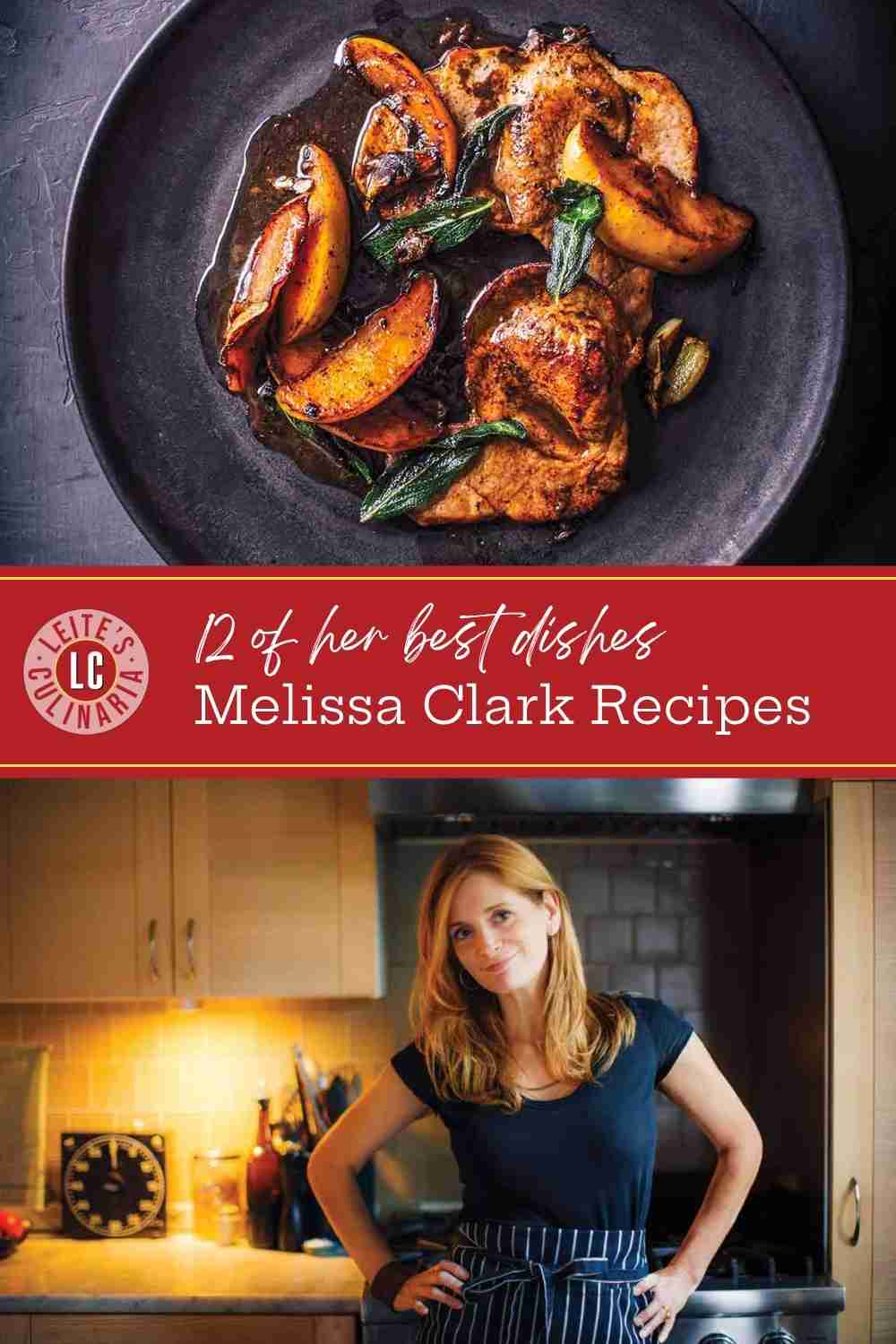 A close up of a Pork Scallopini with Apples and Sage and a photo of Melissa Clark in her kitchen.