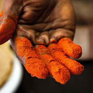 A person's fingers covered in berbere seasoning.