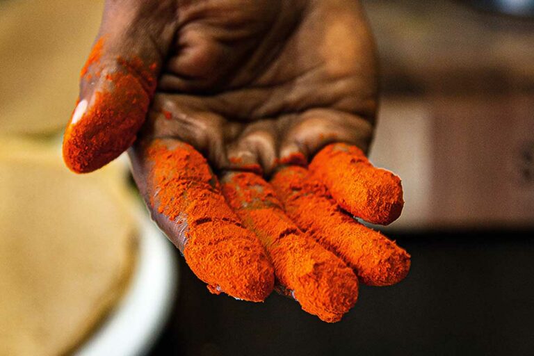 A person's fingers covered in berbere seasoning.