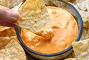 A bowl of butternut queso surrounded by tortilla chips, a hand dipping one into the queso.