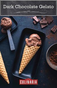 2 rectangular plates with scoops of dark chocolate gelato, one on a scoop and one in a cone, surrounded by squares of dark chocolate and a bowl of cocoa.