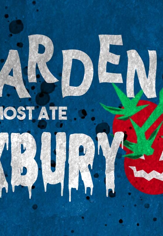An illustration of killer tomatoes and a title that says 'The Garden that Almost ate Roxbury'.