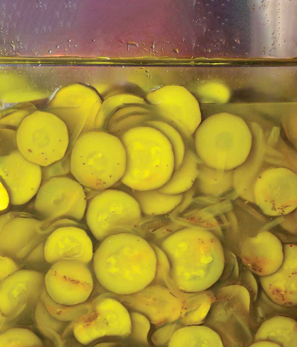 A close-up of a glass jar, filled with sliced, pickled zucchini and a few slices of onion.